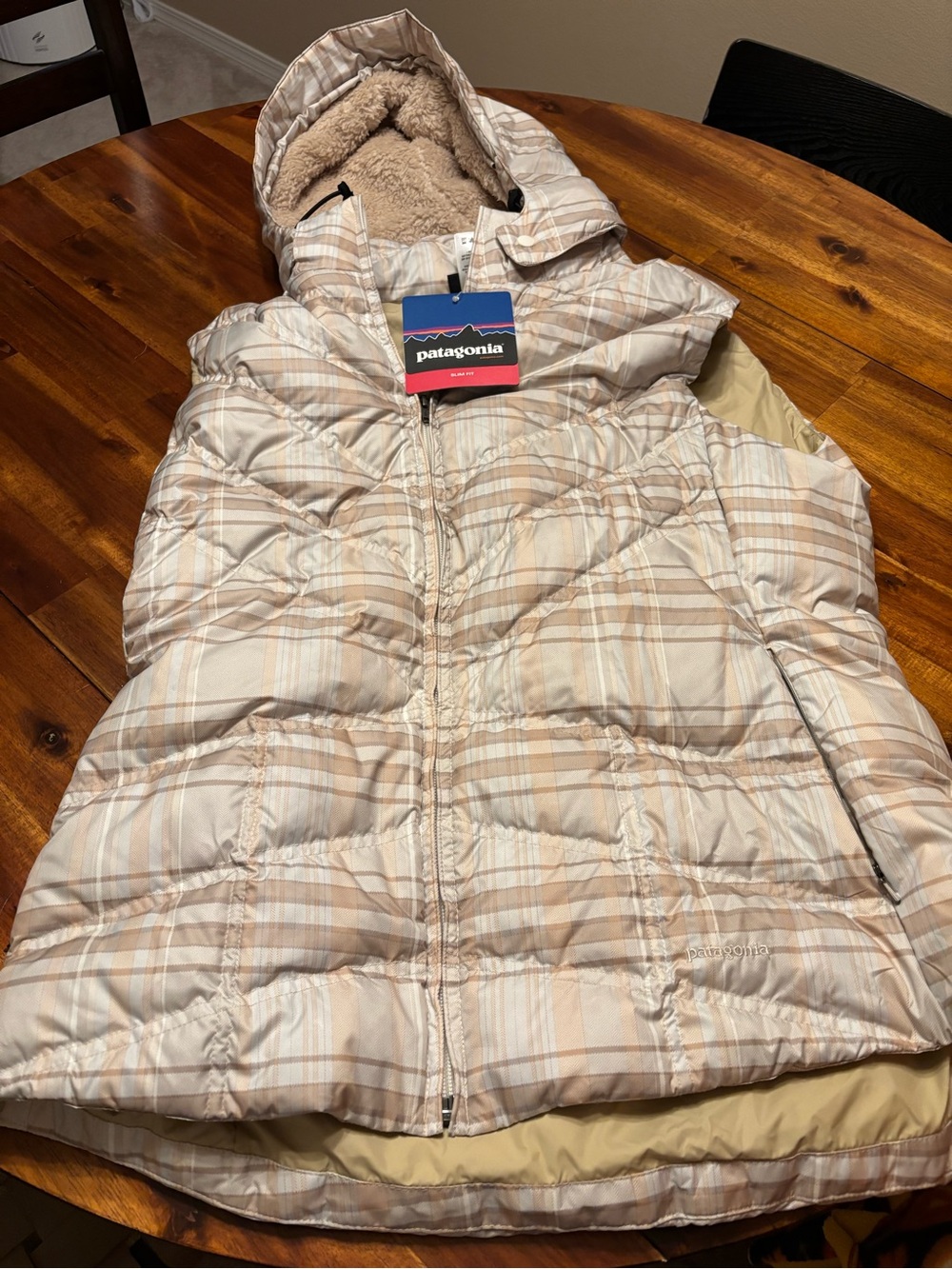Patagonia Neutral Plaid Hooded Puffer Vest in Cream and Tan